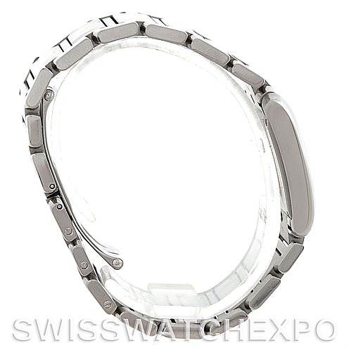 The image shows a side view of a Cartier Tank Française watch, highlighting the bracelet and case.