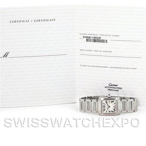 The image shows a Tank Francaise model watch by Cartier and its accompanying certificate.