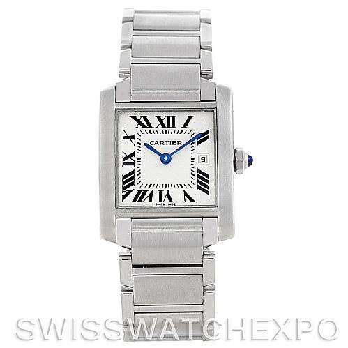 This image shows a front view of the Cartier Tank Francaise W51011Q3 Women's Stainless Steel Silver Dial W51011Q3 Women's Stainless Steel Silver Dial watch, featuring its rectangular face, Roman numerals, and steel bracelet.