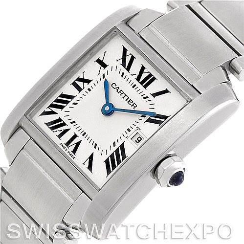 This image shows a close-up angled view of the Cartier Tank Francaise W51011Q3 Women's Stainless Steel Silver Dial W51011Q3 Women's Stainless Steel Silver Dial watch, highlighting its face, bracelet, and crown.