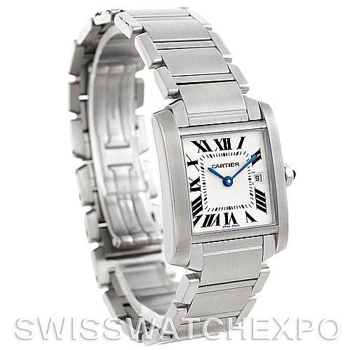 This image shows a Cartier Tank Française watch angled slightly to display the face, bezel, and bracelet.