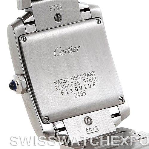 The image shows the back view of the Cartier Tank Francaise W51011Q3 Women's Stainless Steel Silver Dial W51011Q3 Women's Stainless Steel Silver Dial watch, highlighting its stainless steel casing and model information.
