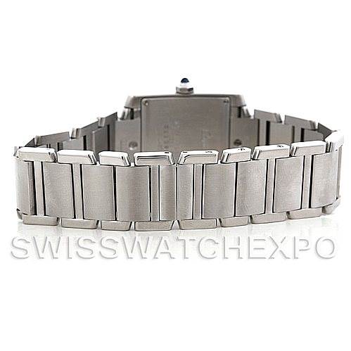 This image shows the back view of a Cartier Tank Francaise W51011Q3 Women's Stainless Steel Silver Dial W51011Q3 Women's Stainless Steel Silver Dial watch, focusing on its stainless steel bracelet and clasp.