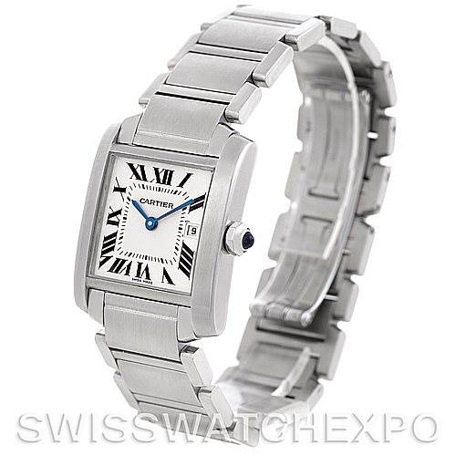The image shows a Cartier Tank Francaise W51011Q3 Women's Stainless Steel Silver Dial W51011Q3 Women's Stainless Steel Silver Dial watch angled to display the dial, bracelet, and clasp.