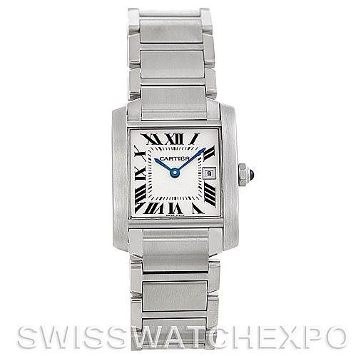 The image shows a front view of a Cartier Tank Francaise W51011Q3 Women's Stainless Steel Silver Dial W51011Q3 Women's Stainless Steel Silver Dial watch, displaying its square face, Roman numeral dial, and metal bracelet.