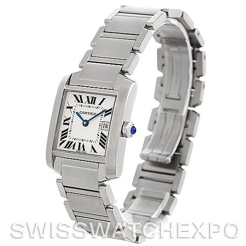 The image shows a Cartier Tank Francaise W51011Q3 Women's Stainless Steel Silver Dial W51011Q3 Women's Stainless Steel Silver Dial model watch, angled to display its face, bracelet, and side profile.