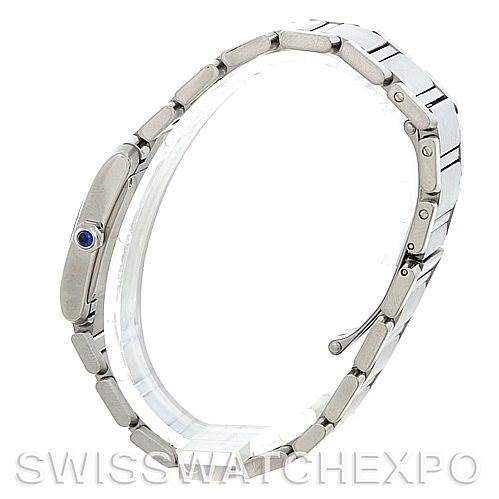 The image shows a side view of the Cartier Tank Française watch, highlighting its metal bracelet and side profile of the case.