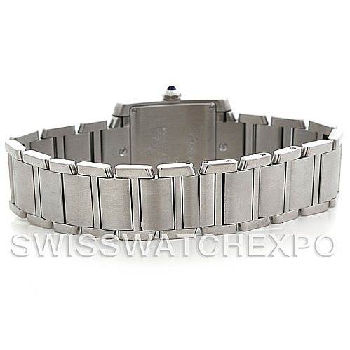 The image shows the back view of the bracelet and case of a Cartier Tank Francaise W51011Q3 Women's Stainless Steel Silver Dial W51011Q3 Women's Stainless Steel Silver Dial watch.