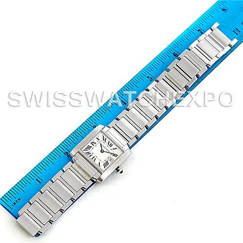 The image shows the full bracelet and dial of a Cartier Tank Francaise W51011Q3 Women's Stainless Steel Silver Dial W51011Q3 Women's Stainless Steel Silver Dial watch, positioned alongside a ruler for scale.