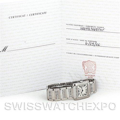 The image shows a Cartier Tank Francaise W51011Q3 Women's Stainless Steel Silver Dial W51011Q3 Women's Stainless Steel Silver Dial watch in a horizontal position, accompanied by its certification documents.