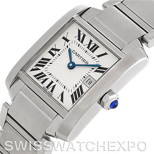 The image shows a close-up view of a Cartier Tank Francaise W51011Q3 Women's Stainless Steel Silver Dial W51011Q3 Women's Stainless Steel Silver Dial watch, highlighting its face, Roman numerals, and stainless steel bracelet.