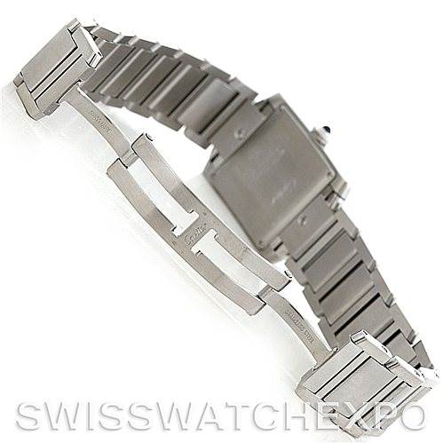 This image shows the deployment clasp and bracelet of a Cartier Tank Française watch viewed from the back.