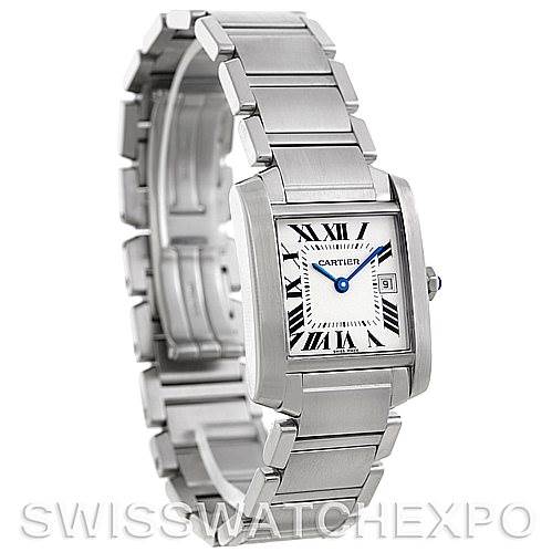 The image shows a Cartier Tank Française watch from a front angle, highlighting the face, bracelet, and clasp.