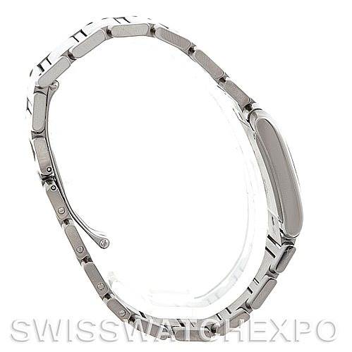 This image shows the side profile and band of a Cartier Tank Française watch, highlighting its metal bracelet and clasp.