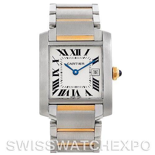 This is a front view of the Cartier Tank Francaise W51012Q4 Women's Steel and Gold (two tone) Silver Dial W51012Q4 Women's Steel and Gold (two tone) Silver Dial watch, showcasing the face, Roman numerals, and part of the bracelet.