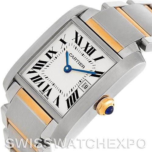 This image shows a close-up, angled view of a Cartier Tank Française watch, highlighting the face, bracelet, and crown.