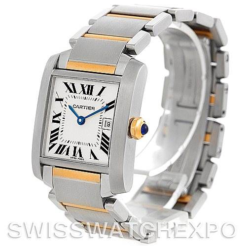 The image shows the front and side angles of a Cartier Tank Française watch, highlighting the face, case, bezel, and bracelet.