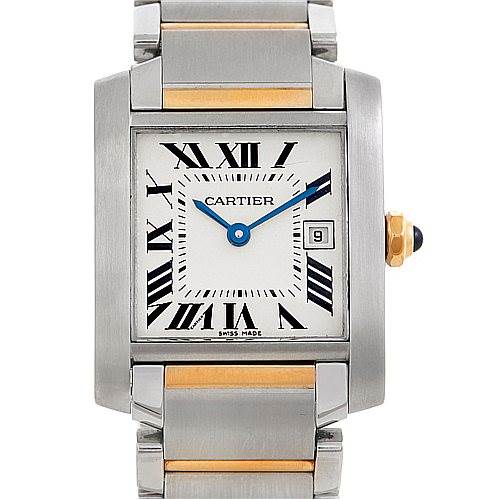 The Cartier Tank Francaise W51012Q4 Women's Steel and Gold (two tone) Silver Dial W51012Q4 Women's Steel and Gold (two tone) Silver Dial watch is shown from a front angle, displaying its face, bezel, and part of the bracelet.