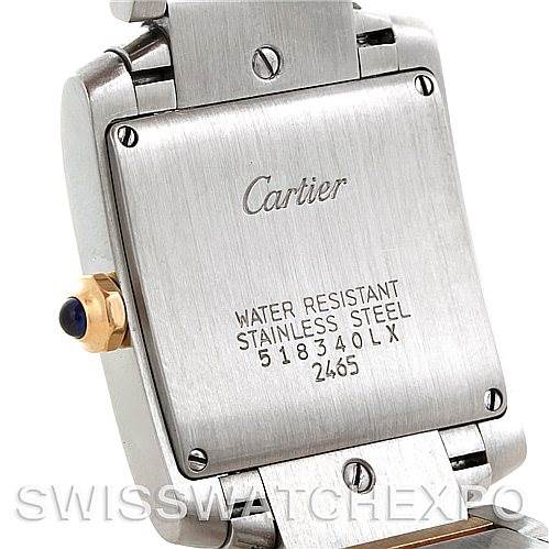 This image shows the back casing of the Tank Française model by Cartier, highlighting the water resistance and stainless steel details.