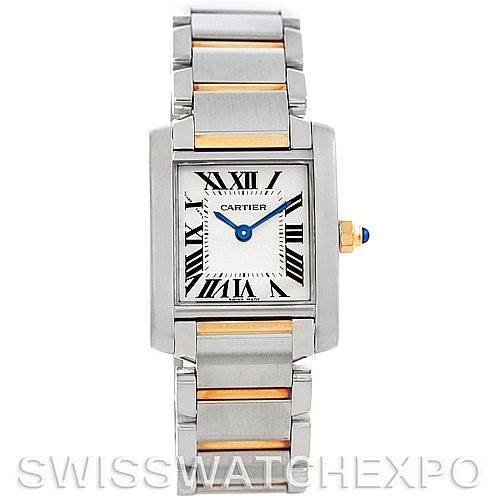 This image shows a front view of the Cartier Tank Francaise W51007Q4 Women's Steel and Gold (two tone) Silver Dial W51007Q4 Women's Steel and Gold (two tone) Silver Dial watch, highlighting its rectangular face and metal bracelet with gold accents.