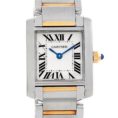 This image shows a Cartier Tank Française watch from a front angle, highlighting its Roman numeral dial and two-tone metal bracelet.