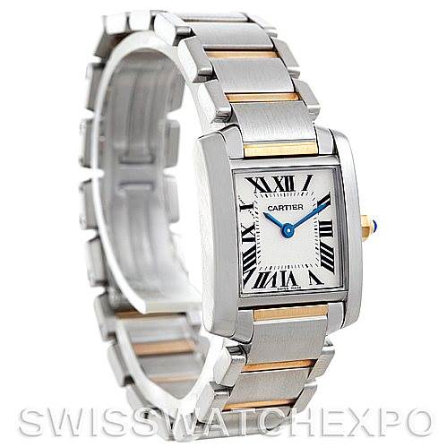 The image shows a Cartier Tank Francaise W51007Q4 Women's Steel and Gold (two tone) Silver Dial W51007Q4 Women's Steel and Gold (two tone) Silver Dial watch from a front-side angle, highlighting its stainless steel and gold bracelet, rectangular dial, and blue hands.