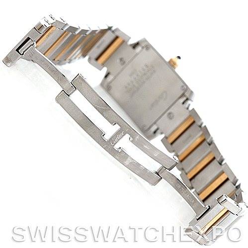 The image shows the back view of the Cartier Tank Francaise W51007Q4 Women's Steel and Gold (two tone) Silver Dial W51007Q4 Women's Steel and Gold (two tone) Silver Dial watch, highlighting its clasp and bracelet.