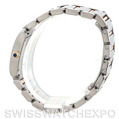 The Cartier Tank Francaise W51007Q4 Women's Steel and Gold (two tone) Silver Dial W51007Q4 Women's Steel and Gold (two tone) Silver Dial watch is shown from a side angle, highlighting the bracelet and side profile of the case, including the crown.