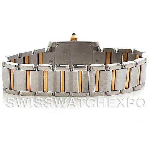 This image shows the back view of the Cartier Tank Francaise W51007Q4 Women's Steel and Gold (two tone) Silver Dial W51007Q4 Women's Steel and Gold (two tone) Silver Dial watch, focusing on the two-tone metal bracelet and clasp.