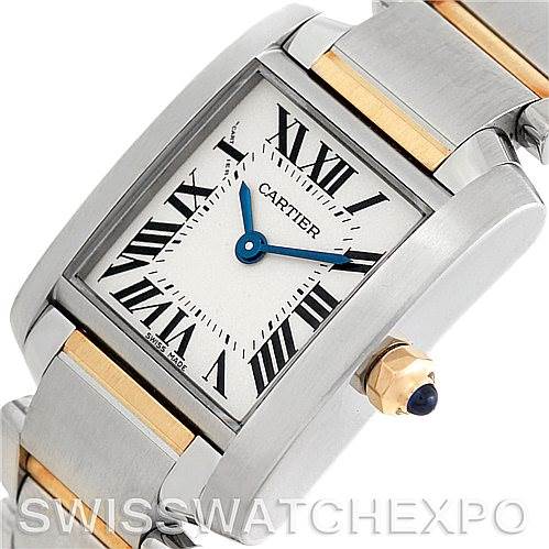 This image shows a close-up view of the Cartier Tank Francaise W51007Q4 Women's Steel and Gold (two tone) Silver Dial W51007Q4 Women's Steel and Gold (two tone) Silver Dial watch, highlighting its rectangular face, Roman numerals, and bracelet.