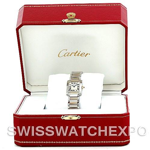 The image shows a Tank Francaise model watch by Cartier in its red presentation box, viewed from the front.