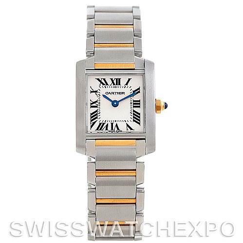 The image shows a Cartier Tank Francaise W51007Q4 Women's Steel and Gold (two tone) Silver Dial W51007Q4 Women's Steel and Gold (two tone) Silver Dial watch, featuring its face and full stainless steel and gold-tone bracelet from a front angle.