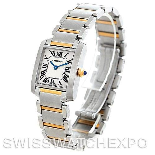 This image shows a Cartier Tank Francaise W51007Q4 Women's Steel and Gold (two tone) Silver Dial W51007Q4 Women's Steel and Gold (two tone) Silver Dial watch from a three-quarter angle, highlighting the face, bracelet, and clasp.