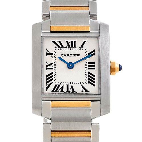The image shows a front view of the Cartier Tank Française watch, highlighting its face and part of the bracelet.