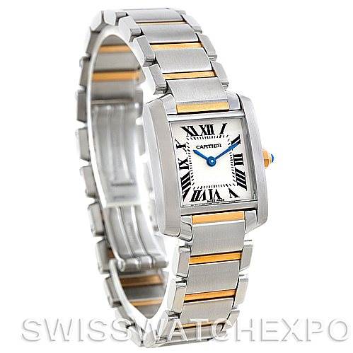 The Cartier Tank Francaise W51007Q4 Women's Steel and Gold (two tone) Silver Dial W51007Q4 Women's Steel and Gold (two tone) Silver Dial watch is shown from a three-quarter angle, highlighting its rectangular face and metal bracelet.