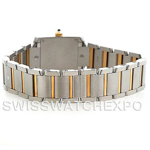 This image shows the back and bracelet of a Cartier Tank Francaise W51007Q4 Women's Steel and Gold (two tone) Silver Dial W51007Q4 Women's Steel and Gold (two tone) Silver Dial watch, featuring a two-tone metal design.