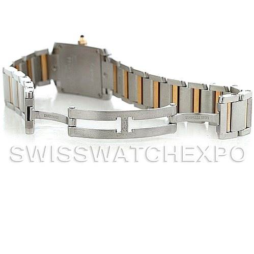This image shows the back of the Cartier Tank Francaise W51007Q4 Women's Steel and Gold (two tone) Silver Dial W51007Q4 Women's Steel and Gold (two tone) Silver Dial watch, focusing on its stainless steel bracelet and clasp.