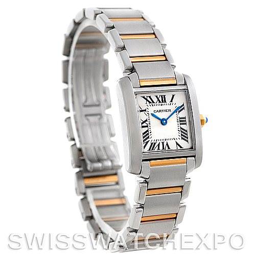 This image shows a side view of the Cartier Tank Francaise W51007Q4 Women's Steel and Gold (two tone) Silver Dial W51007Q4 Women's Steel and Gold (two tone) Silver Dial watch, highlighting its bracelet and rectangular face.