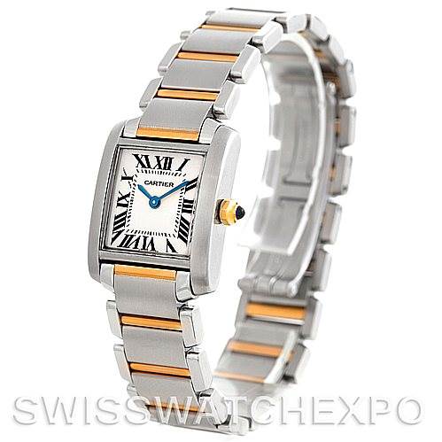 This image shows a side-angle view of the Cartier Tank Francaise W51007Q4 Women's Steel and Gold (two tone) Silver Dial W51007Q4 Women's Steel and Gold (two tone) Silver Dial watch, highlighting its face, bracelet, and crown.