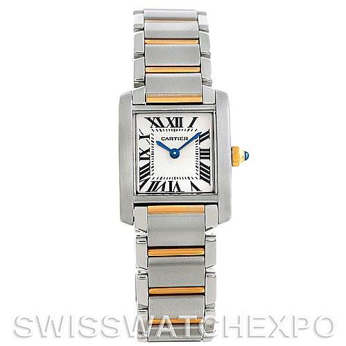 The image shows a Cartier Tank Française watch from a front angle, highlighting its rectangular face, Roman numerals, and metal bracelet.