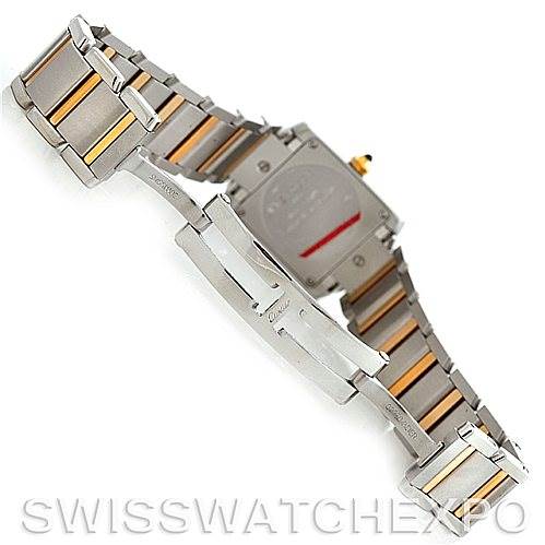 The image shows the back and bracelet clasp of the Cartier Tank Francaise W51007Q4 Women's Steel and Gold (two tone) Silver Dial W51007Q4 Women's Steel and Gold (two tone) Silver Dial watch at an angle highlighting the two-tone metal links.