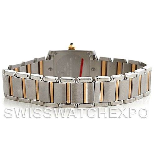 The image shows the back view and bracelet of the Cartier Tank Française watch, highlighting its two-tone metal design.