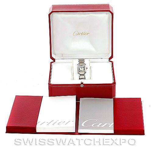 The image shows a Cartier Tank Francaise W51007Q4 Women's Steel and Gold (two tone) Silver Dial W51007Q4 Women's Steel and Gold (two tone) Silver Dial watch in its opened red box with accompanying booklets displayed in front.