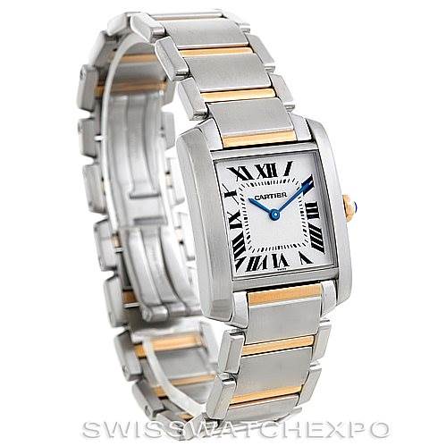 This image shows a Cartier Tank Francaise Women's Steel and Gold (two tone) Silver Dial Women's Steel and Gold (two tone) Silver Dial watch at a slight angle, highlighting the square face, bracelet with gold accents, and Roman numeral dial.