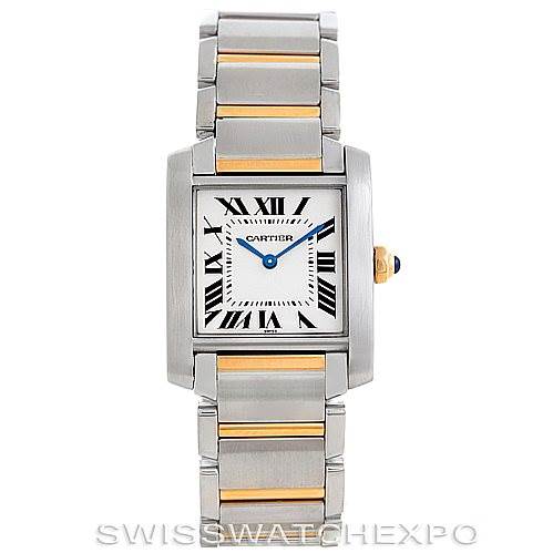 The image shows the front view of the Cartier Tank Francaise Women's Steel and Gold (two tone) Silver Dial Women's Steel and Gold (two tone) Silver Dial watch, highlighting its rectangular case, dial, and bracelet.