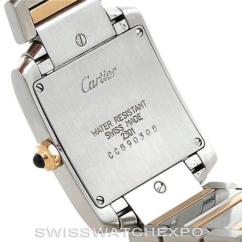 This image shows the back case and part of the bracelet of a Cartier Tank Francaise Women's Steel and Gold (two tone) Silver Dial Women's Steel and Gold (two tone) Silver Dial watch.