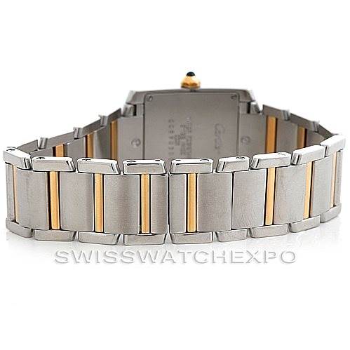 The image shows the back view of the Tank Francaise model by Cartier, focusing on the bracelet with metal links.