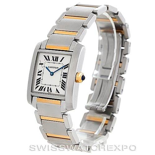 The image shows a Cartier Tank Francaise Women's Steel and Gold (two tone) Silver Dial Women's Steel and Gold (two tone) Silver Dial watch at a three-quarter angle, displaying its face, bezel, and two-tone bracelet.