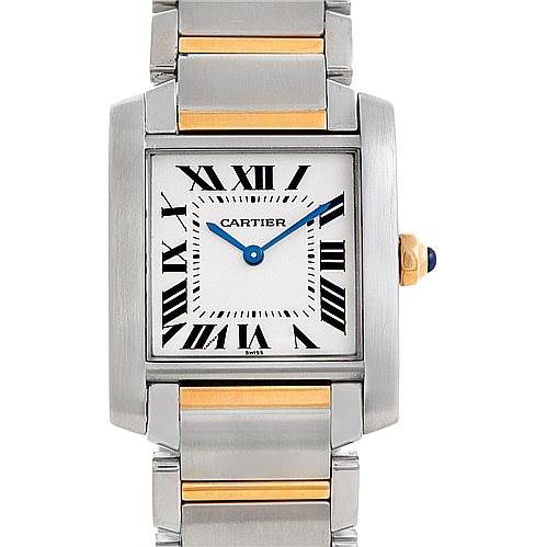 This image shows the front view of a Cartier Tank Française watch, highlighting its face and two-tone bracelet.