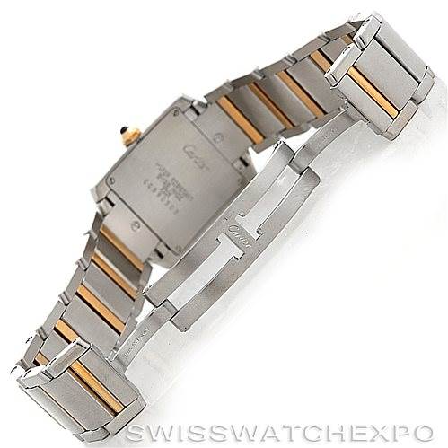 The image shows the back and clasp of the Cartier Tank Francaise Women's Steel and Gold (two tone) Silver Dial Women's Steel and Gold (two tone) Silver Dial watch, highlighting its two-tone bracelet.
